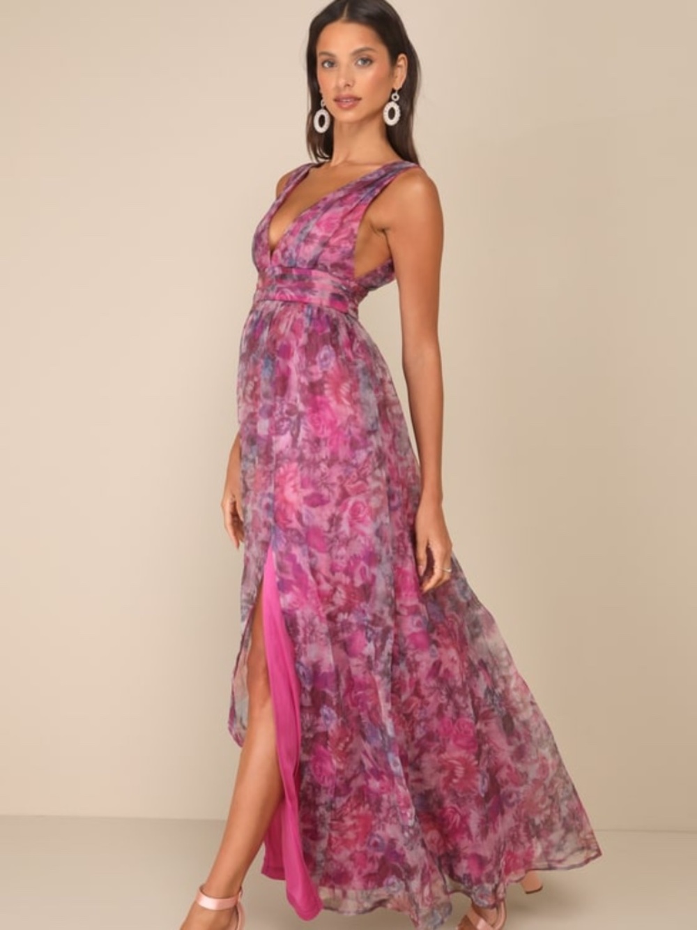 Lulus Garden Romance Magenta Floral Print Organza Maxi Dress Pink - Size XS